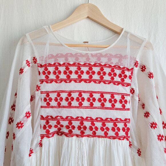 Free People Need Me Mini Dress Sheer Netting White Red Balloon Sleeve Size Small - Picture 5 of 7